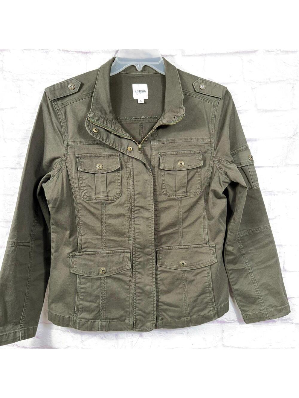 Kensie Jeans Olive Utility Military Jacket Women’s Large Zip Front Cargo
